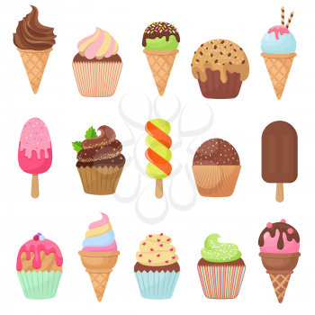 Cupcake and ice cream cartoon vector collection. Cartoon cupcake and sweet dessert cake illustration