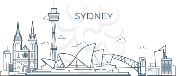 Sydney city line skyline with buildings and architecture showplaces. Australia world travel vector landmark. Architecture skyline sydney city illustration