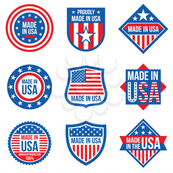 Made in the usa vector labels. American manufacturing stickers. Usa sticker label, american emblem badge illustration