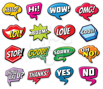 Web chat vector stickers templates. Internet words speech bubbles isolated. Illustration of bubble with word chat hello, love, yes and no