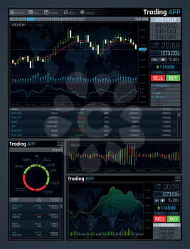 Forex market app vector interface with business financial market charts and global economics data graphs. Illustration of statistic and analysis monitor, investment in economic trade
