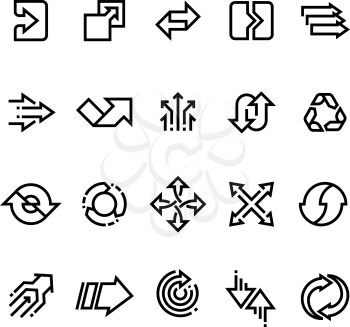 Transform action, many direction arrows line vector icons. Simple transition outline symbols. Arrow pointing line style collection