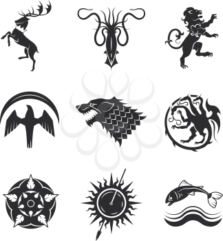 Great kingdoms houses gaming heraldic vector icons with line animals and throne symbols. Animal tattoo for medieval heraldry illustration