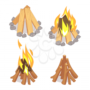 Cartoon character wooden logs and campfire isolated on white background. Illustration of campfire and firewood, camping bonfire