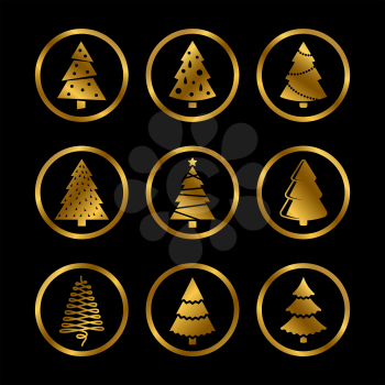 Gold bright silhouette christmas trees vector stylized icons on black background illustration