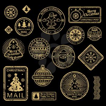 New Year and Christmas vector vintage stamps isolated on black background illustration isolated on black background