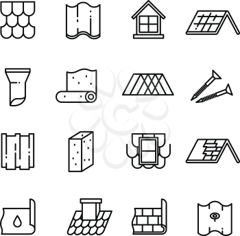 Roof, housetop construction materials, waterproofing thin vector icons. Material for roof house, architecture roof ceramic with pipe illustration