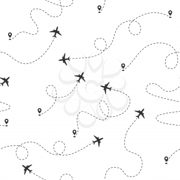 Airplane dotted flight line seamless pattern. Plane flying path. Travel concept vector wallpaper. Air plane, airplane pattern, seamless travel aircraft