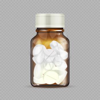Realistic drugs bottle isolated on transparent background. Brown glass bottle with pills - medicine vector illustration. Medical bottle with tablets, pharmacy and medicine drug container