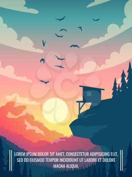 Flat vector mountain landscape with sun and clouds in sky with birds. Outdoor house on mountain, home for tourism in landscape scene illustration
