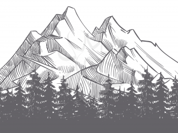 Hand drawn nature landscape with mountains and fores silhouette. Mountain landscape and adventure outdoor travel illustration