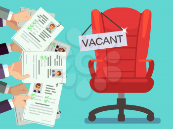 Hands holds CV forms and office chair with vacancy plate. Illustration of vacant chair place, hold cv vector