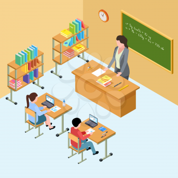 Isometric classroom with teacher and kids. High school vector illustration. Isometric education school, teacher in classroom with students