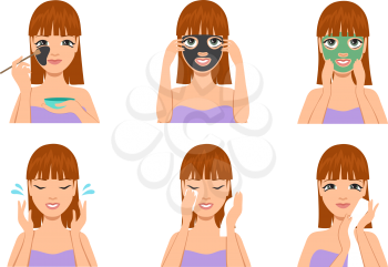 Beautiful woman with facial mask. Woman covering her face with cosmetic mask. Face treatment, skincare with scrub vector set. Illustration of facial mask face, care beauty female