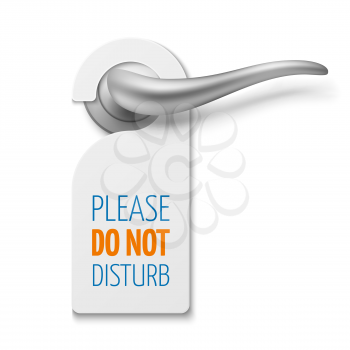 Silver realistic door handle with do not disturb white blank vector sign isolated on white door illustration