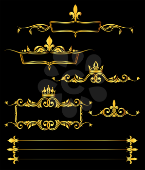 Set of golden royal frames and borders black background. Elements decoration design. Vector illustration