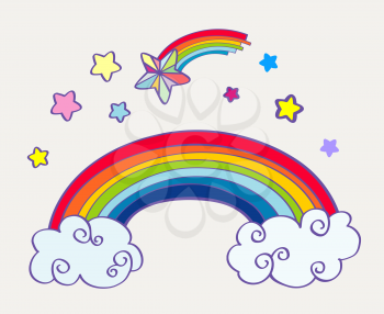 Hand drawn cartoon rainbow, clouds and falling stars. Abstract fairy art. Vector illustration