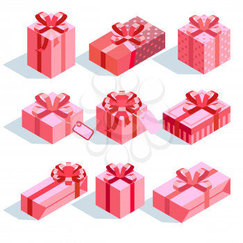 Pink gift boxes with ribbon bows vector icons set. Isometric collection gifts illustration