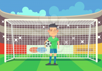 Soccer goalkeeper keeping goal on arena vector illustration. Football keeper in frame