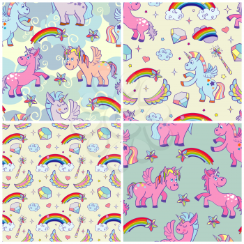 Set of vector hand drawn unicorns and magic items seamless pattern. Collection of birthday backgrounds illustration