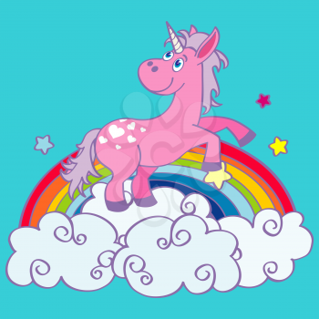 Vector hand drawn unicorn dancing on a rainbow. Fairy animal illustration