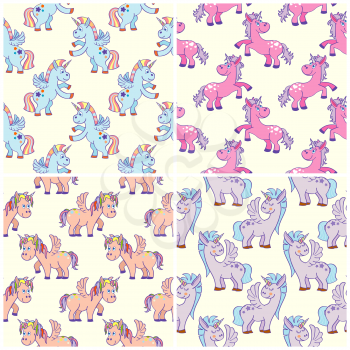 Vector hand drawn unicorns seamless patterns set. Background magic animals illustration