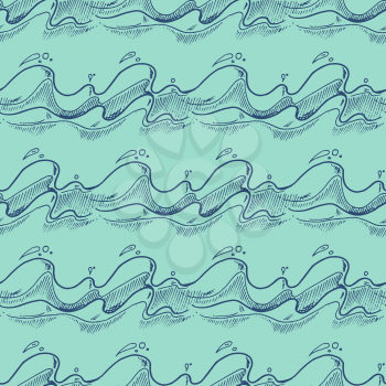 Teal and blue hand drawn waves vector seamless background. River flow pattern line illustration