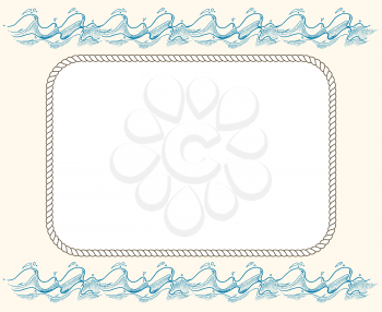 Nautical vector frame with ropes and blue waves. Vintage template of frame illustration