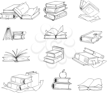 Doodle, hand drawn sketch books vector set. Stack of books, and open book illustration