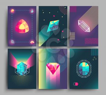 Retro trendy vector hipster posters, 3d card with crystals, abstract geometric shapes. Banner with color crystal, bright and shiny polygon crystal stone illustration