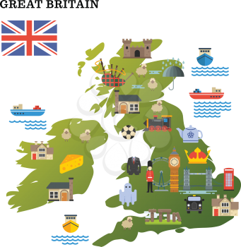 United Kingdom travel map with landmark icons vector illustration. Map of United Kingdom with famouse landmarks