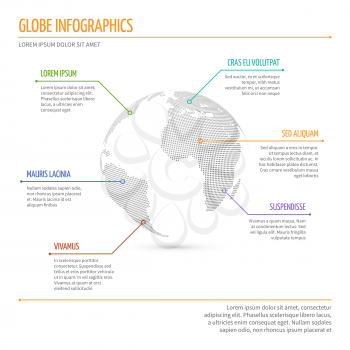Global network connection, international meaning vector infographics with 3d dotted world globe. Business info banner with world globe illustration