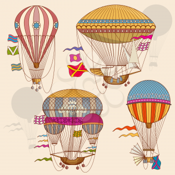 Vintage air balloon vector set. Striped air balloon with basket, flight transportation cartoon balloon illustration