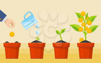 Money tree growing. Money business economic investment vector concept. Order and plan growing money tree illustration