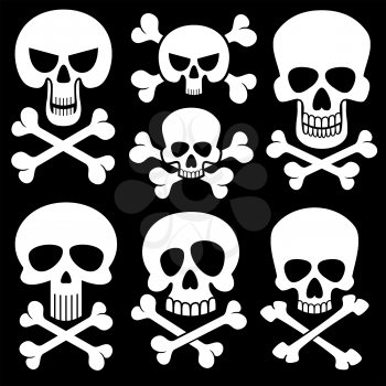Piracy skull and crossbones vector icons. Death, scary symbols. Set of white skull and cross bones illustration