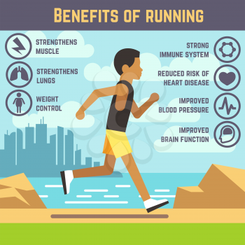 Jogging man, running guy, fitness exercise lifestyle cartoon vector concept. Benefit of running infographic, strengthen to brain illustration