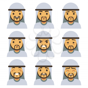 Traditional arab man emotion faces including smiling, sad, winking, laughing, happy face vector set. Illustration of emotions arab man cry and angry