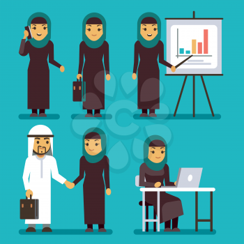 Arab businesswoman vector characters set. Saudi, iranian women at work in office. Business woman presentation diagram and chart, arabian woman illustration