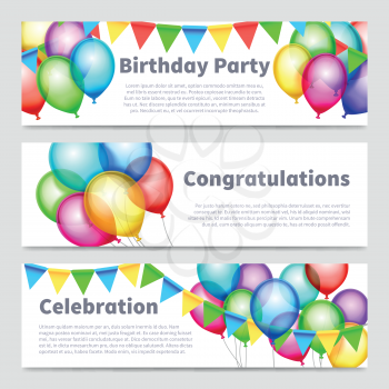 Birthday party banners with celebration rainbow balloons vector. Set of banners to birthday anniversary, multicolored birthday poster with air illustration