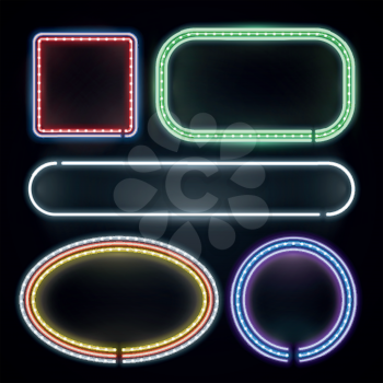 Illuminated neon borders, empty frame signs, new year, casino, party decoration vector set. Color frame borders for banner, illustration of colored border
