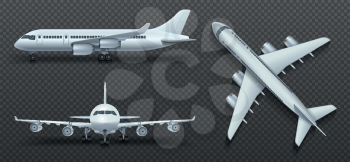Aircraft, airplane, airliner in different point of view vector. Set of air plane front side and top illustration