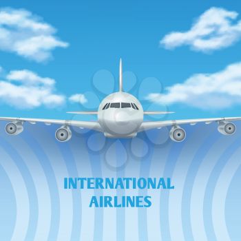 Realistic plane, aircraft, airplane in sky with white clouds vector travel background, promo poster. Banner international airline with passenger aircraft in flight illustration