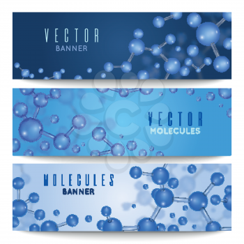 Nanotechnology, micro genetics, medical vector banners set with 3d molecule model. Poster cards molecules, illustration of atomic molecule form