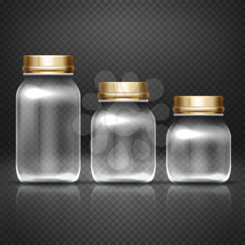 Empty glass jars with lods for grandma kitchen canning preserves vector set. Glass bottle for jam, illustration of empty bottle for conservation