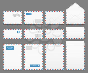 Air mail paper letter envelopes vector set. Blank envelope for airmail, illustration of correspondence envelopes