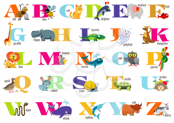 English alphabet for children with cute animals. Vector letter poster for preschoolers