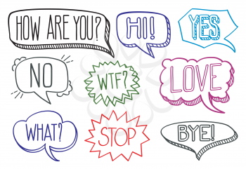 Vintage hand drawn speech bubbles with dialog words hi bye and stop. Vector illustration collection