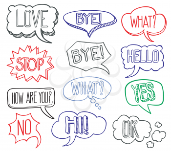 Hand drawn sketch speech bubbles clouds with different messages. Set of hand drawn comic bubble design elements. Vector illustration