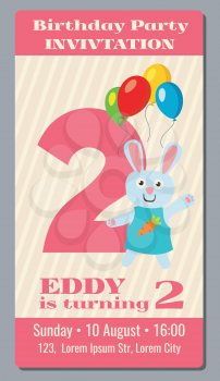 Birthday anniversary party invitation card with cute rabbit vector template 2 years old. Invitation to event birthday, illustration card with invitation to second birthday