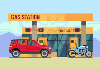 Car and motorcycle at gas filling station. Car refueled at gas station flat vector illustration